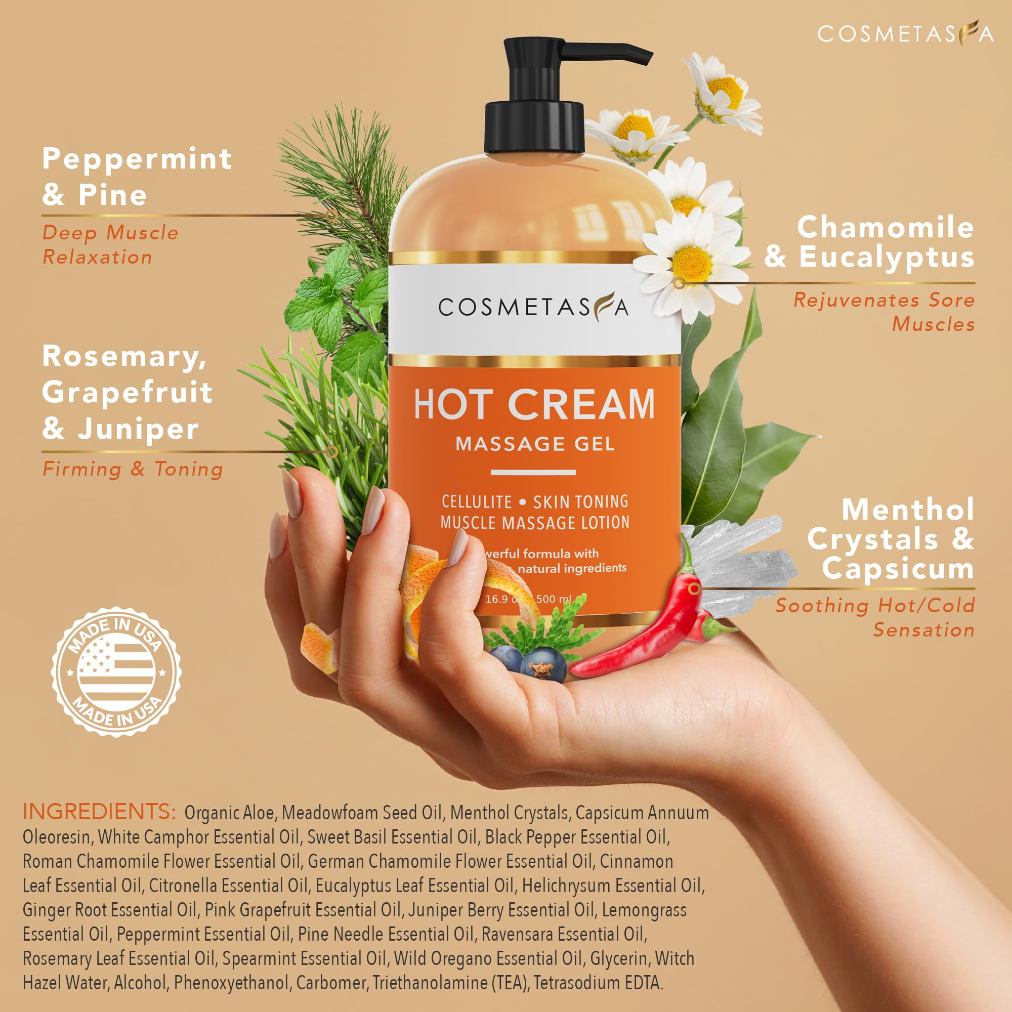 Cosmetasa Hot Cream bottle USA-made highlighting organic ingredients