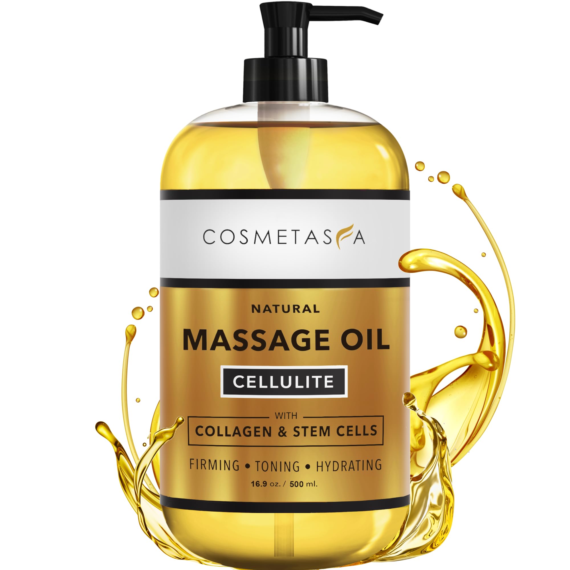 Cosmetasa large cellulite oil bottle for targeted firming and hydration.