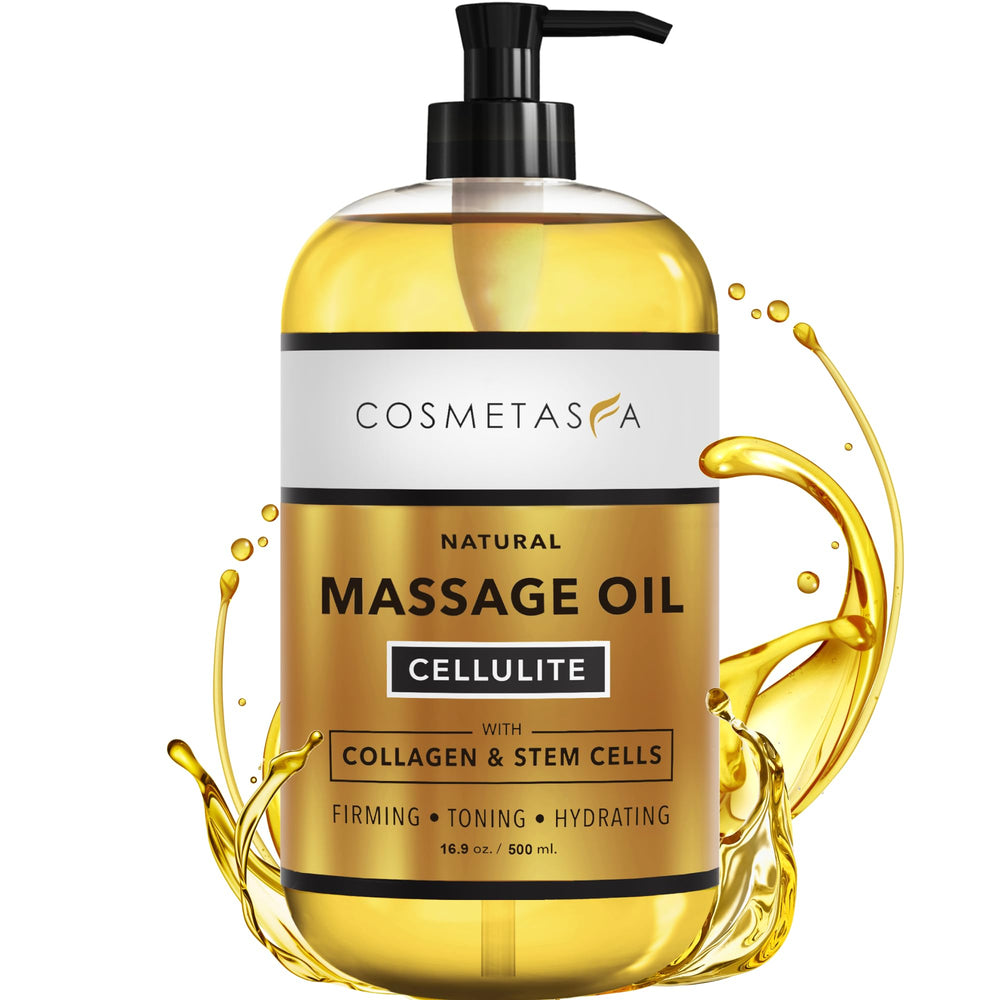 Cosmetasa large cellulite oil bottle for targeted firming and hydration.
