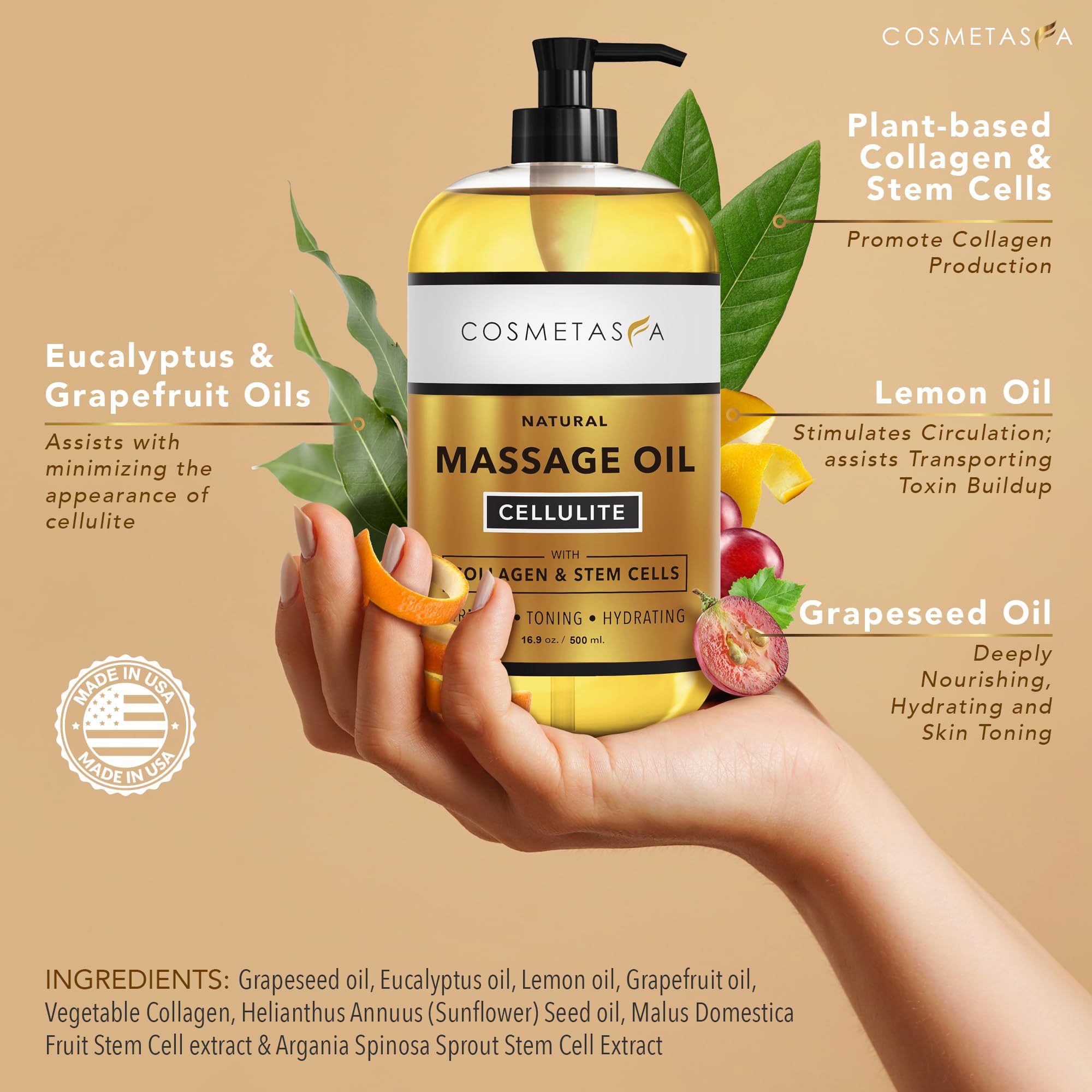 Cosmetasa massage oil pour demonstrates easy, mess-free application.