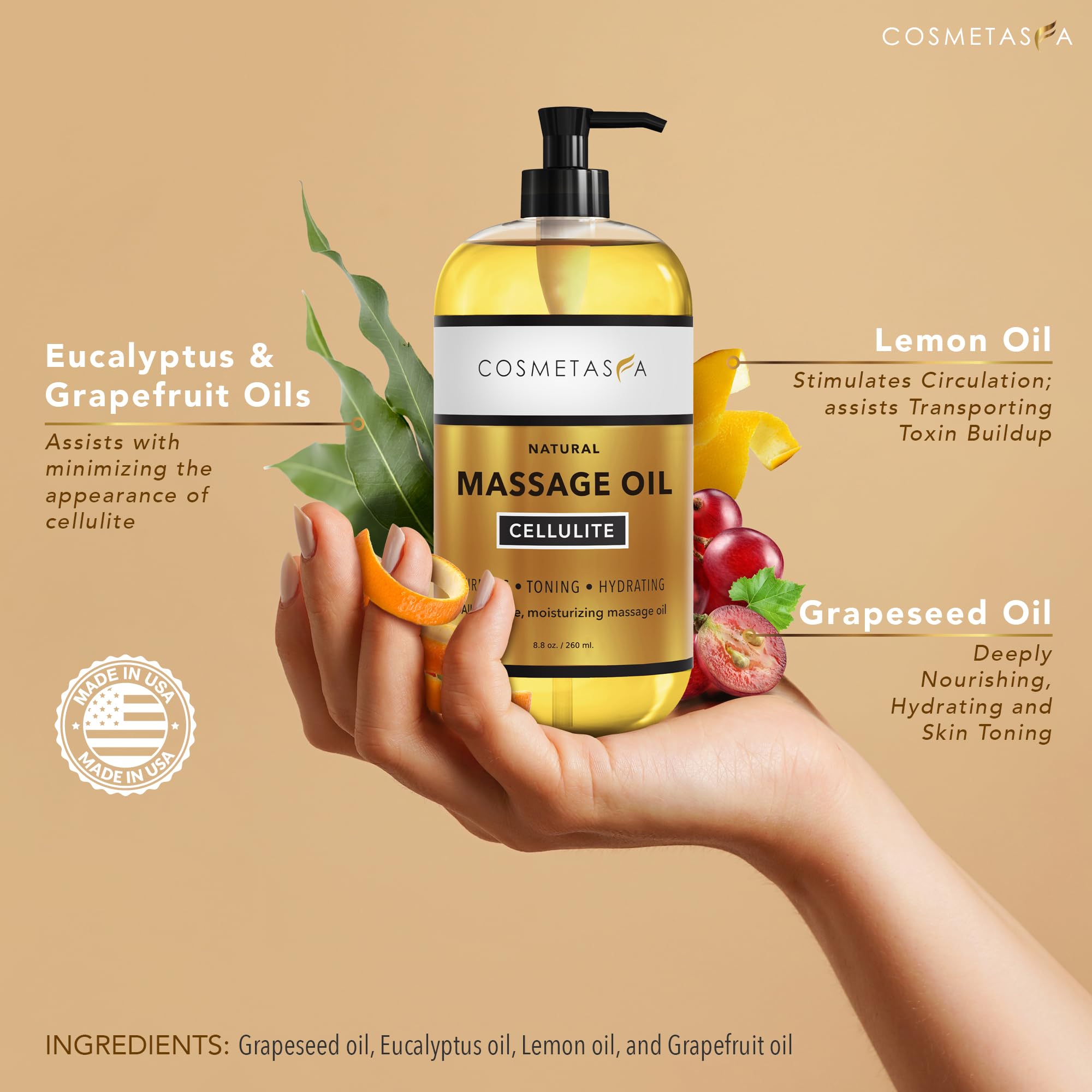 Cosmetasa massage oil being poured for a relaxing at-home routine.
