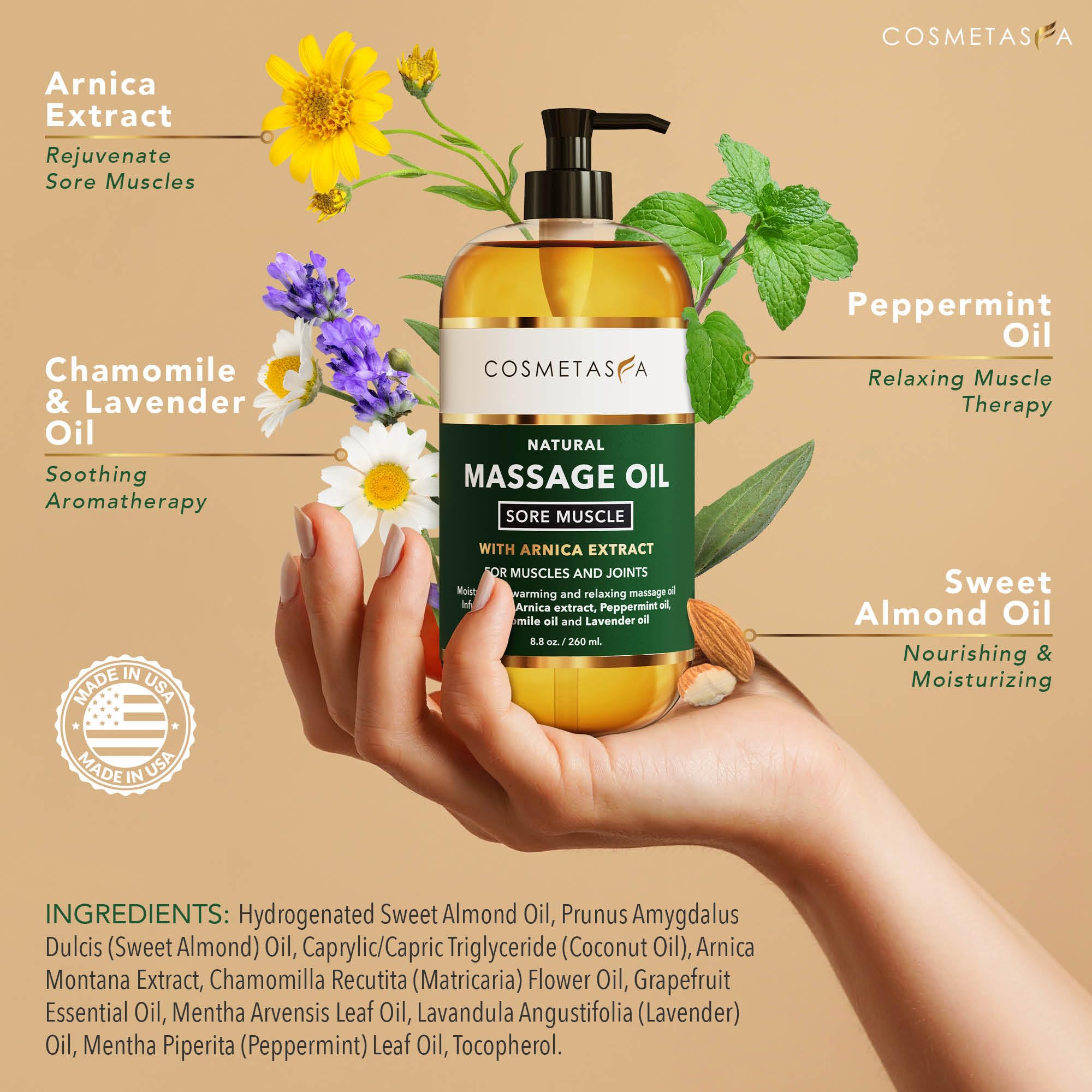 Cosmetasa sore muscle oil bottle front displaying arnica and lavender blend.