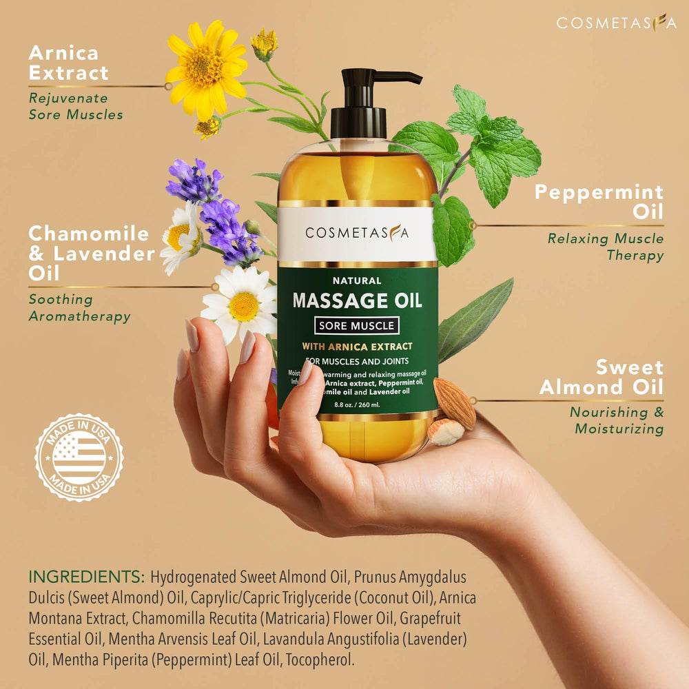Cosmetasa sore muscle oil bottle front displaying arnica and lavender blend.