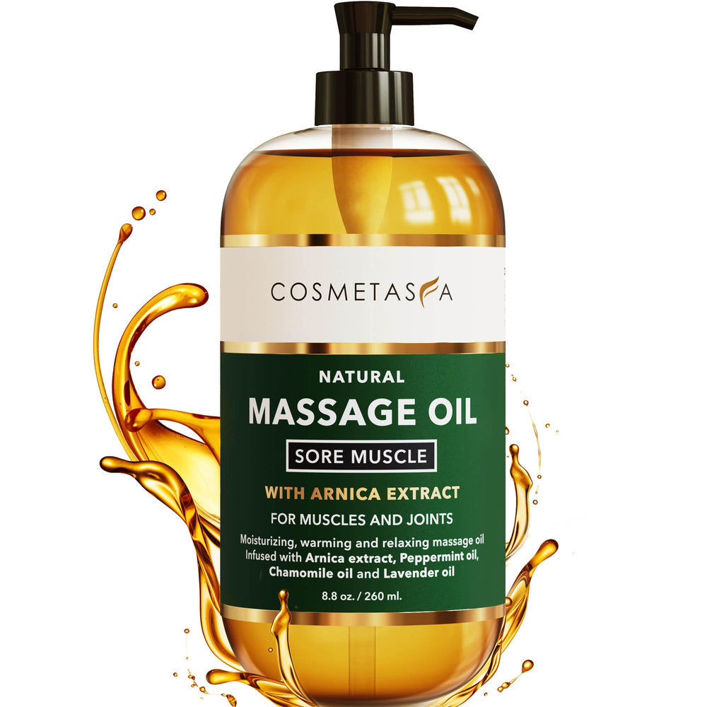 Cosmetasa Sore Muscle Massage Oil bottle promotes relaxing at-home massage