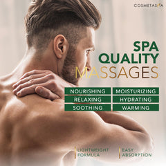 Cosmetasa Sore Muscle Massage Oil bottle highlights almond oil and vitamin E