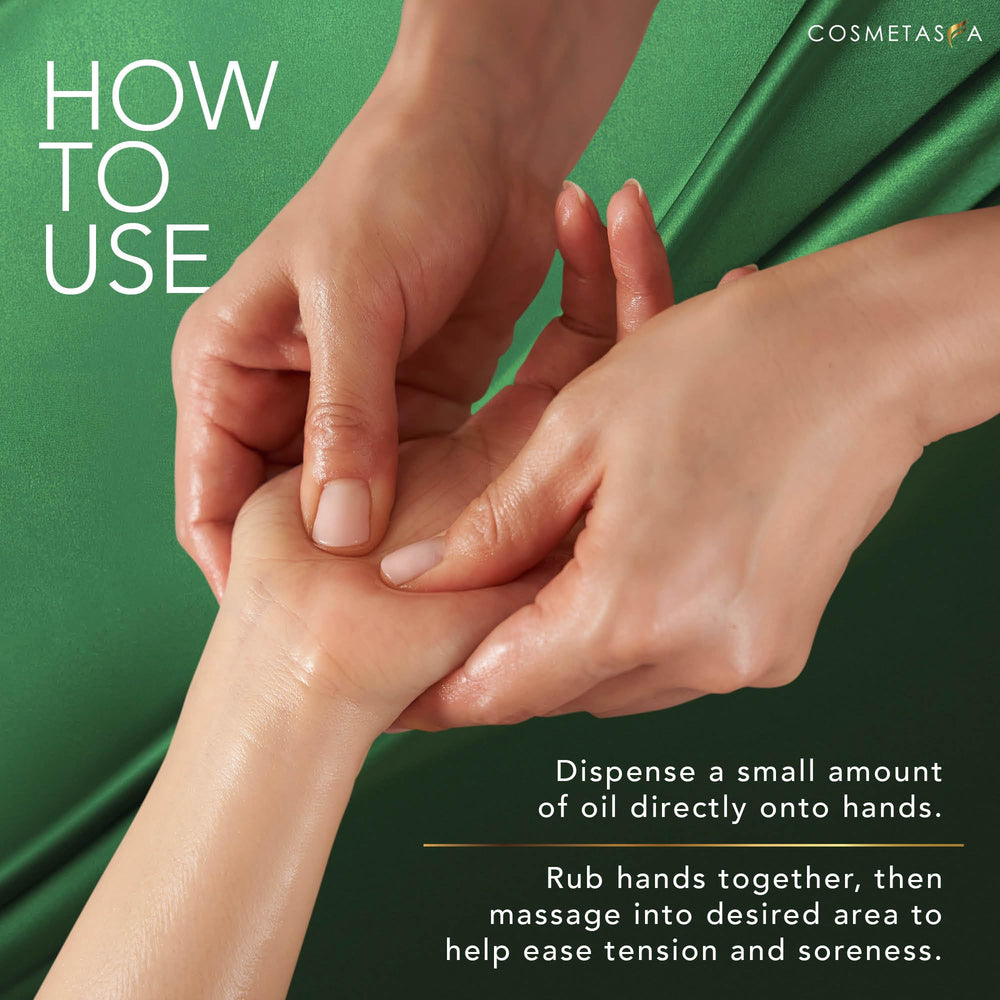 Cosmetasa sore muscle oil spa table setup for a calming session.