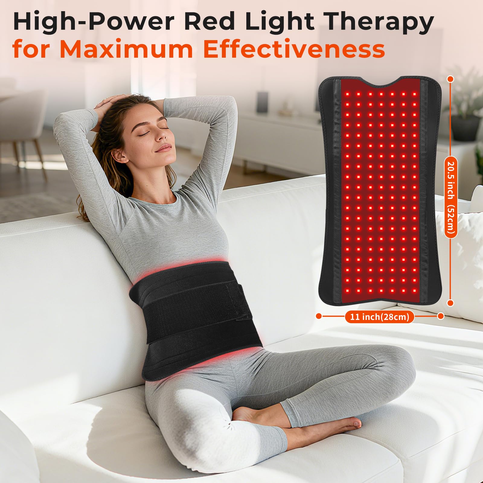 Cosnyu red light therapy pad on back demonstrates convenient at-home use.