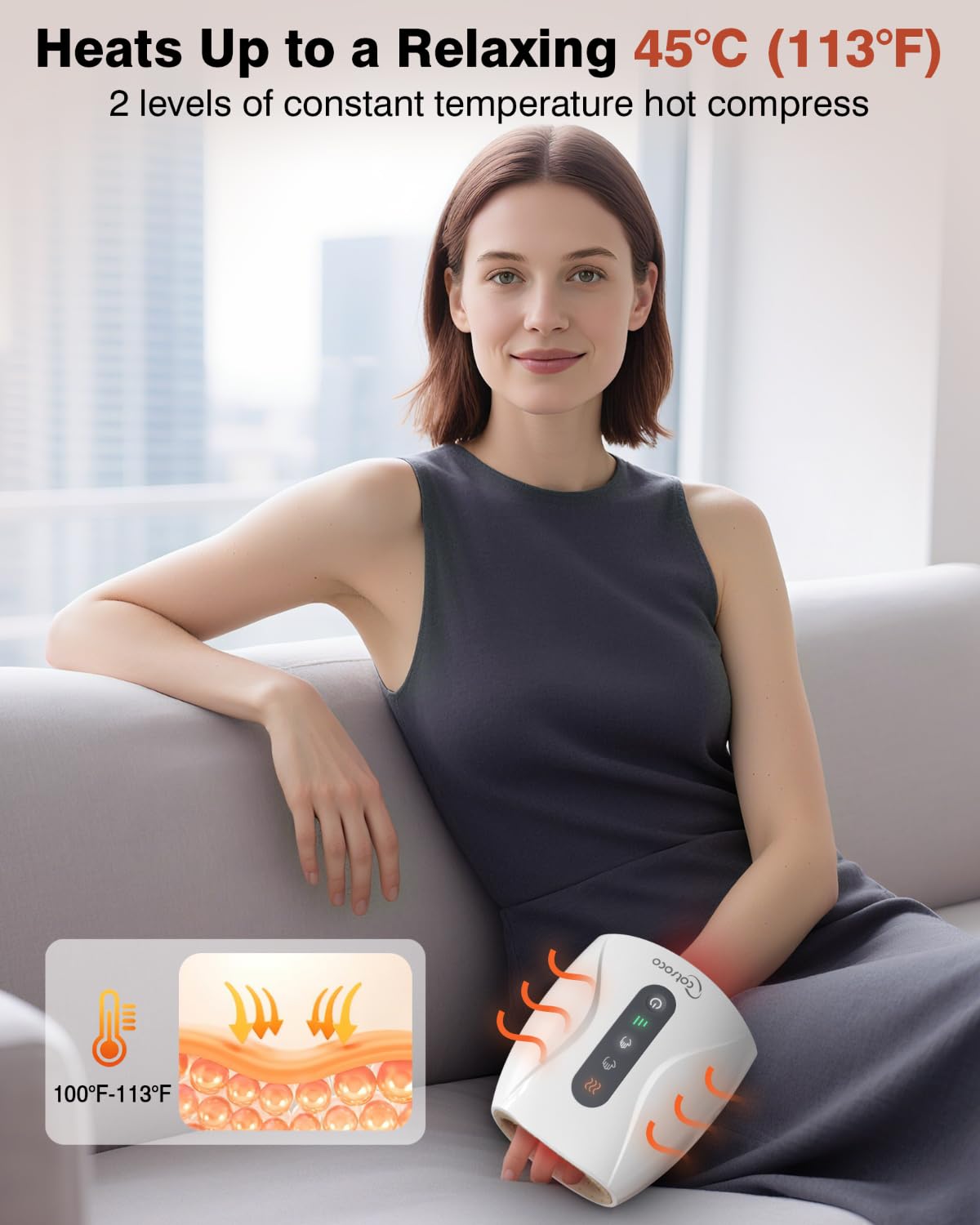 Cotsoco Hand Massager battery indicator and 2200mAh power support longer sessions.