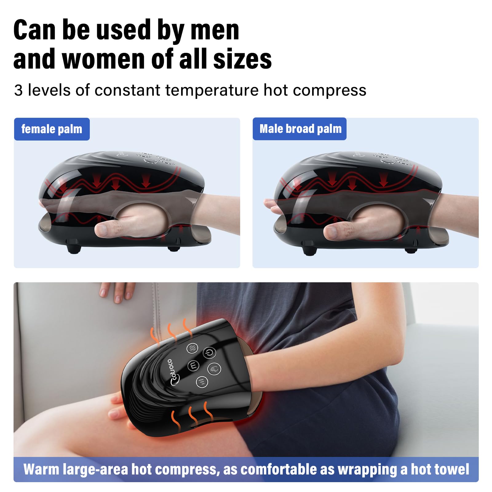 Cotsoco Hand Massager with adjustable heat settings for customizable warmth.