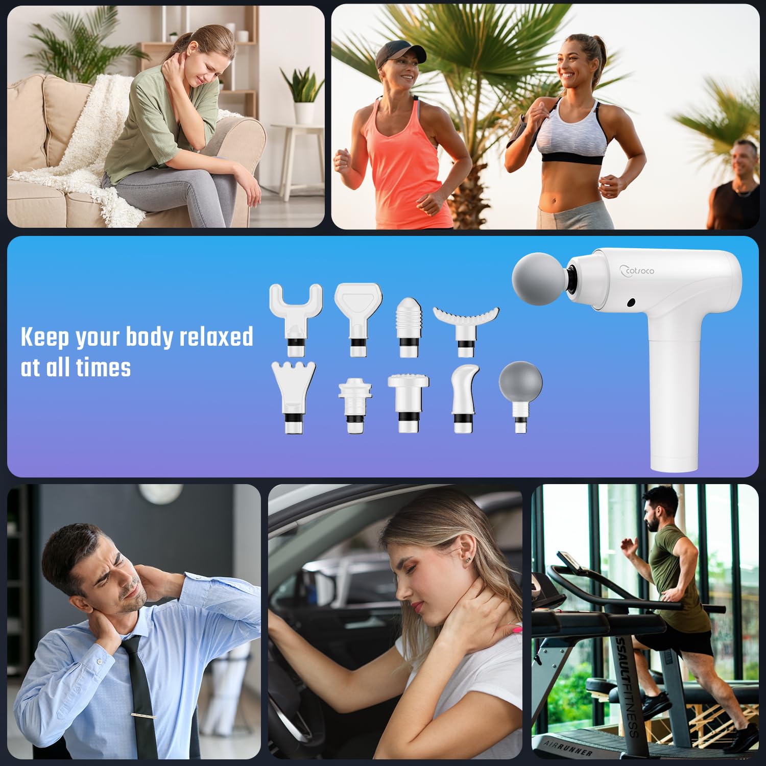 Cotsoco Massage Gun is suitable for gym, office, home, or travel use.