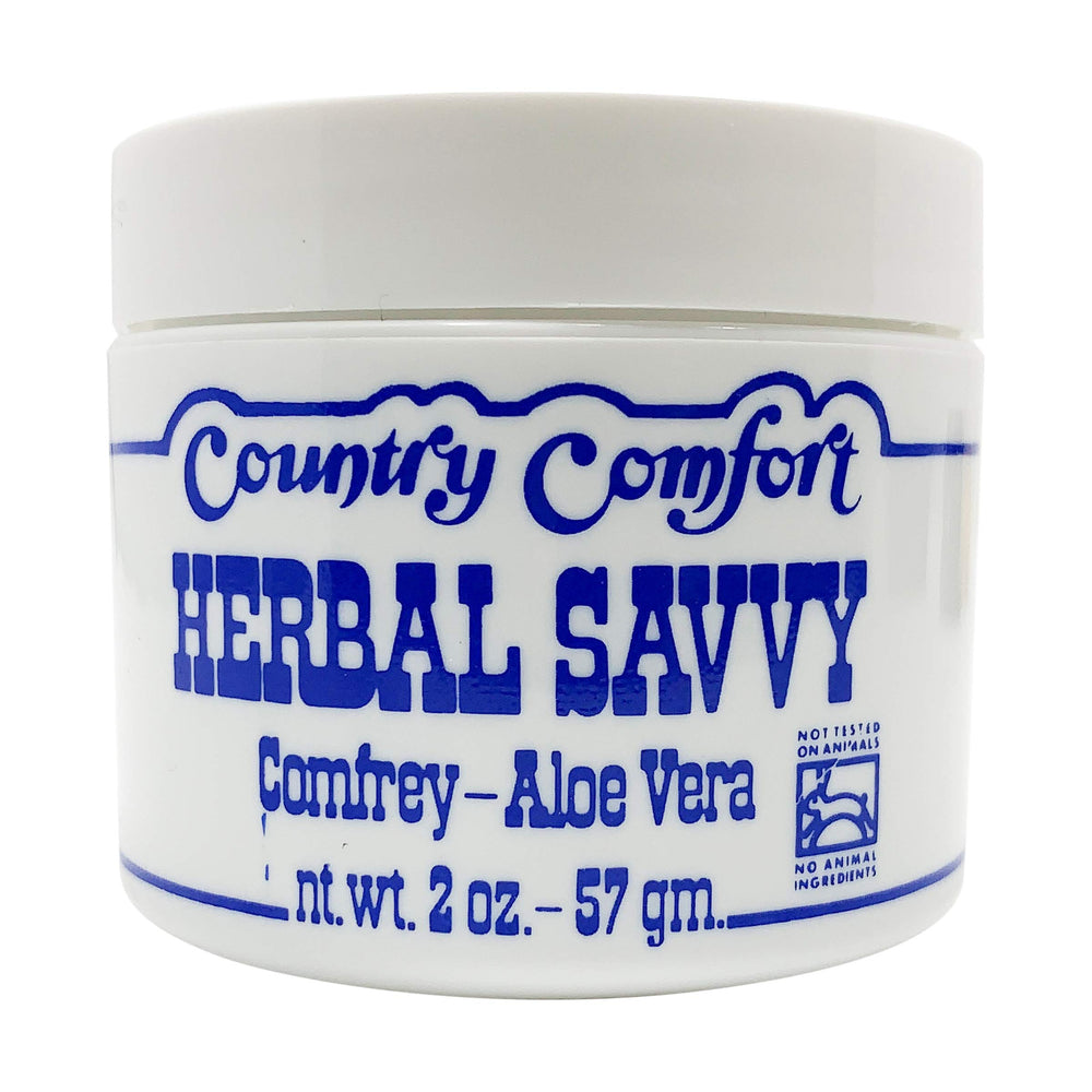 Country Comfort Herbal Savvy Comfrey Aloe Vera 2oz jar shows soothing salve texture for gentle skin care.