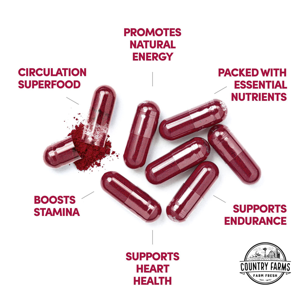 Country Farms Bountiful Beets capsules on label view emphasizing circulation-supporting benefits.