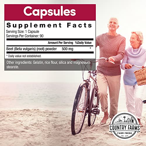 Country Farms Bountiful Beets bottle front shows easy-to-swallow capsules for energy.