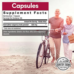 Country Farms Bountiful Beets bottle front shows easy-to-swallow capsules for energy.