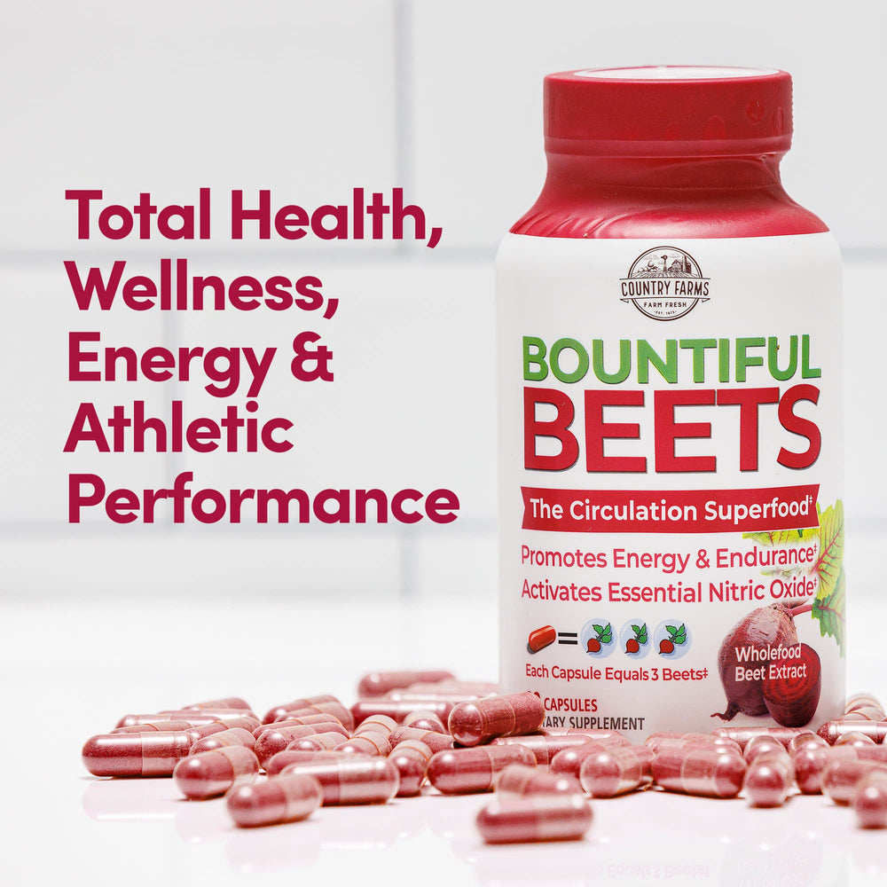 Country Farms Bountiful Beets capsules against kitchen counter highlighting fiber content.