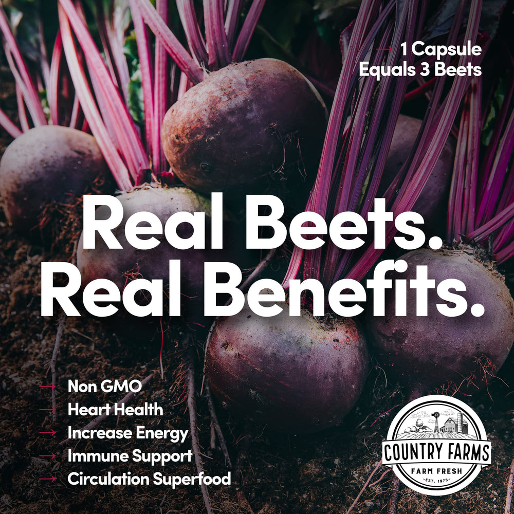 Country Farms Bountiful Beets label close-up illustrating nitrate-derived nitric oxide theme.