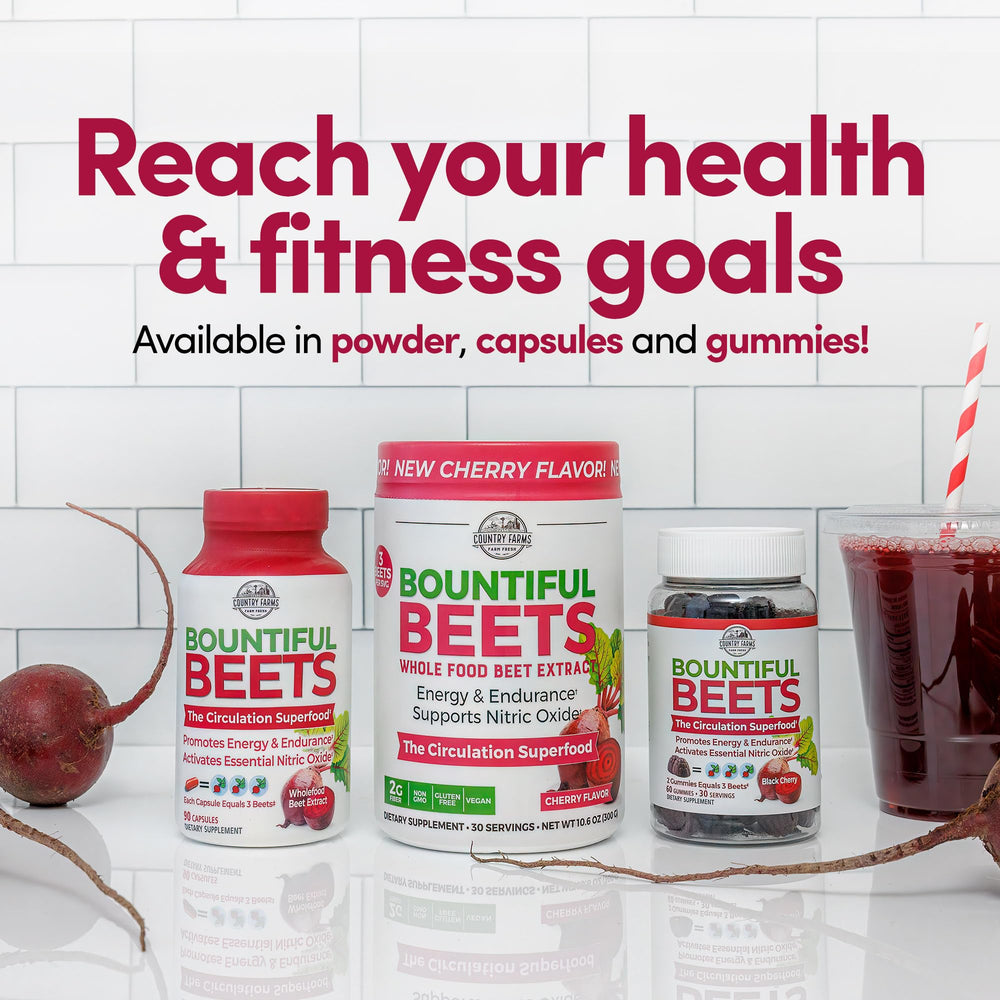 Country Farms Bountiful Beets bottle beside workout gear suggesting post-workout energy.