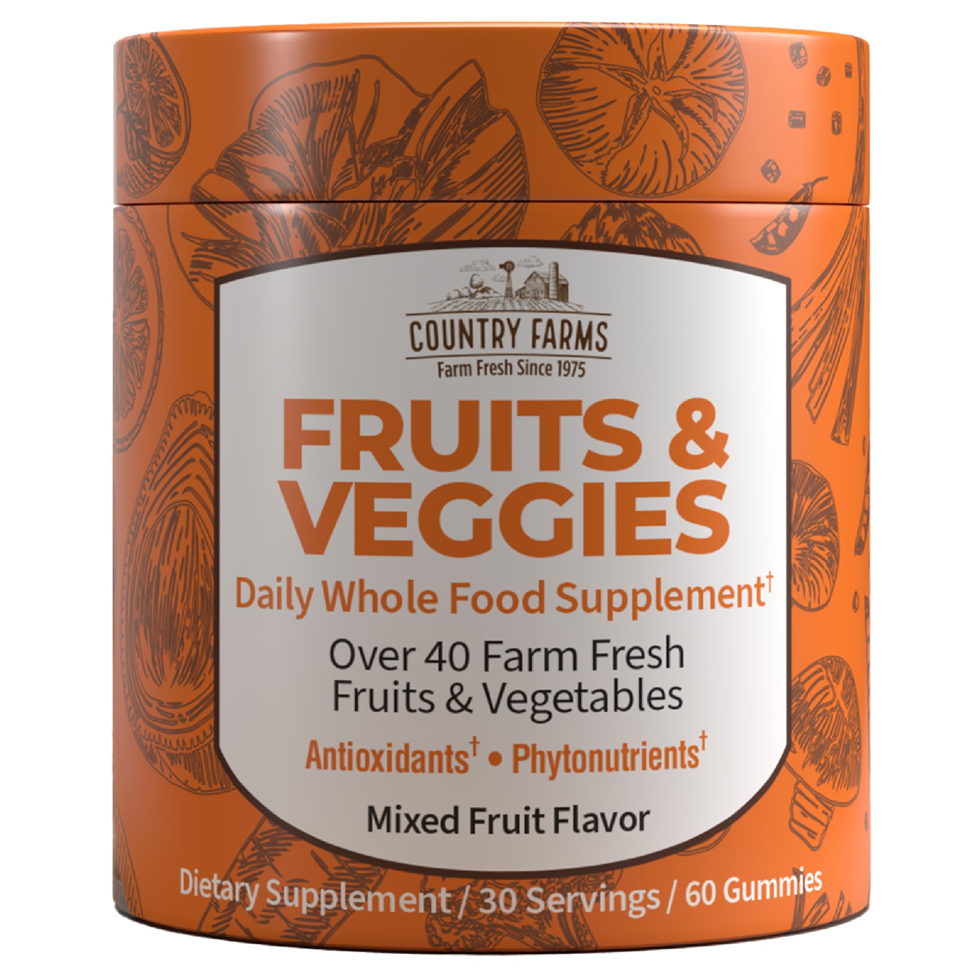 Country Farms Fruits and Veggies Gummies bottle on shelf supporting daily antioxidant intake.