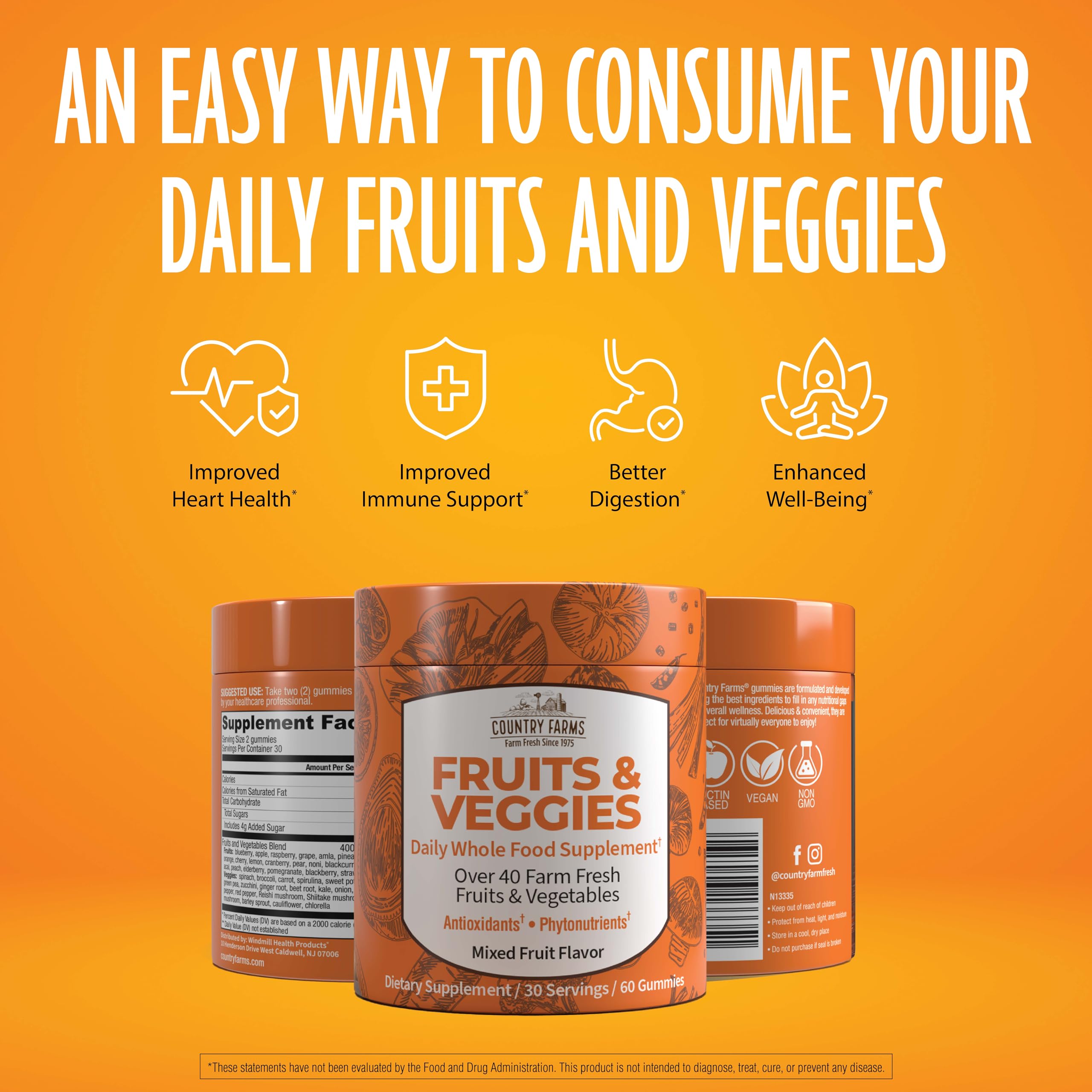 Country Farms Fruits and Veggies Gummies serving on a plate, a convenient daily wellness snack.