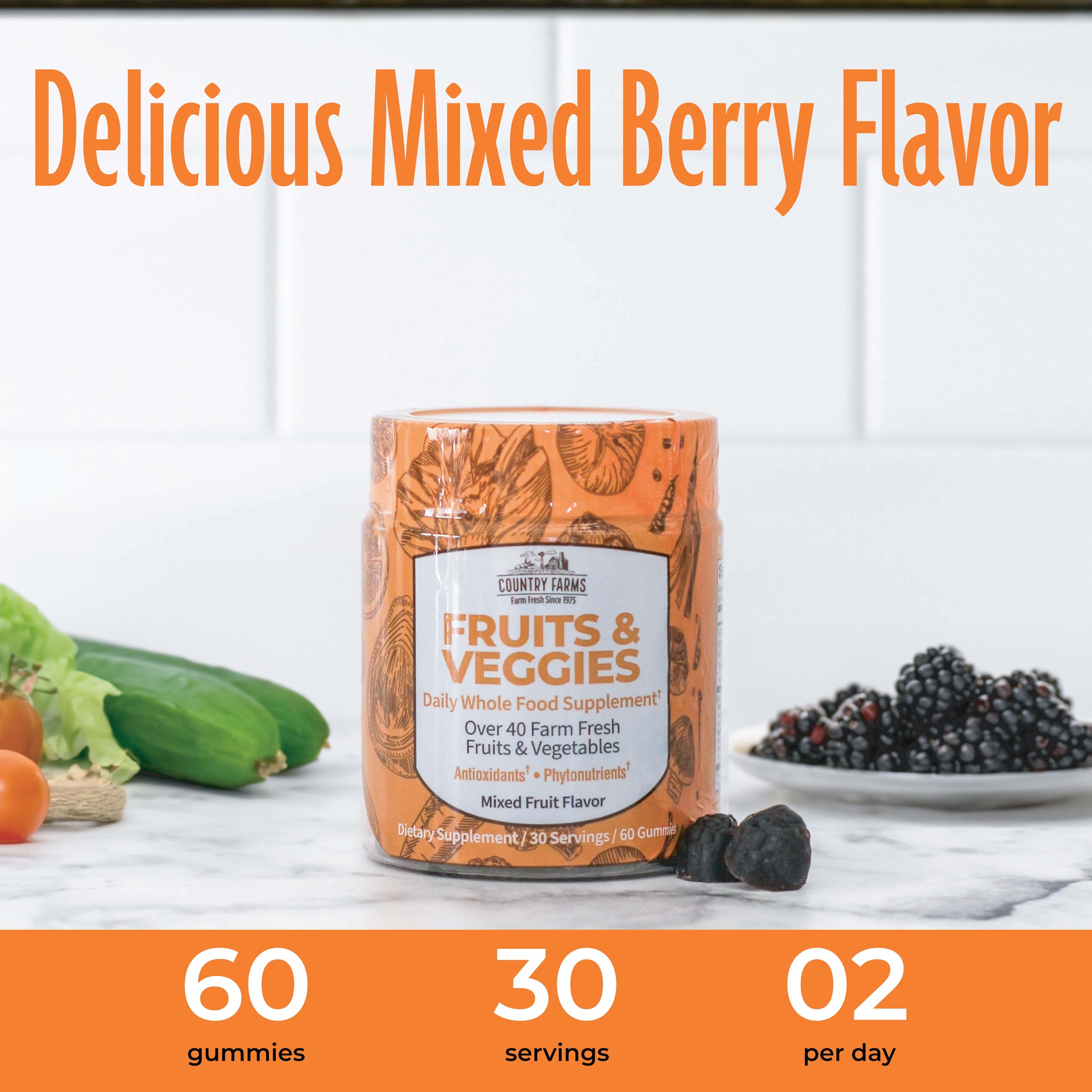 Country Farms Fruits and Veggies Gummies on spoon with fresh produce, daily intake cue.
