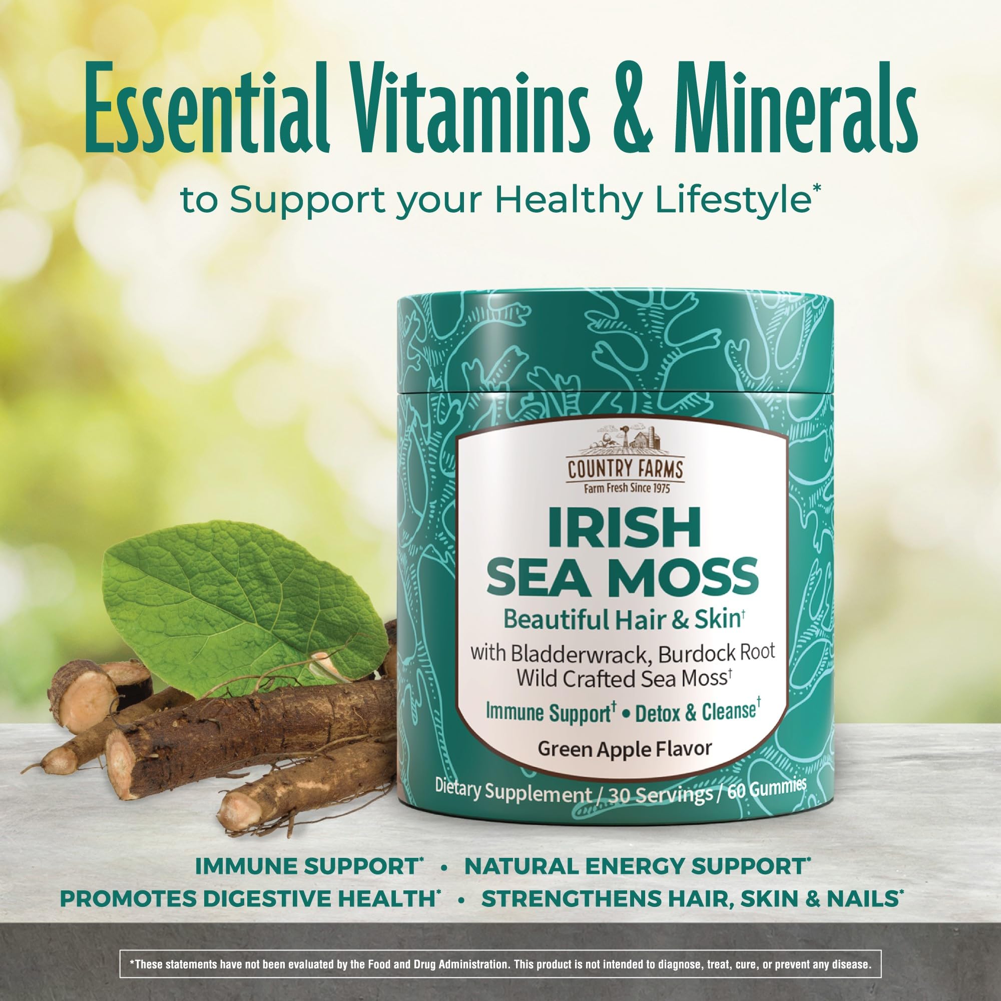 Country Farms Irish Sea Moss Gummies ingredients burdock root and bladderwrack for balanced nutrition