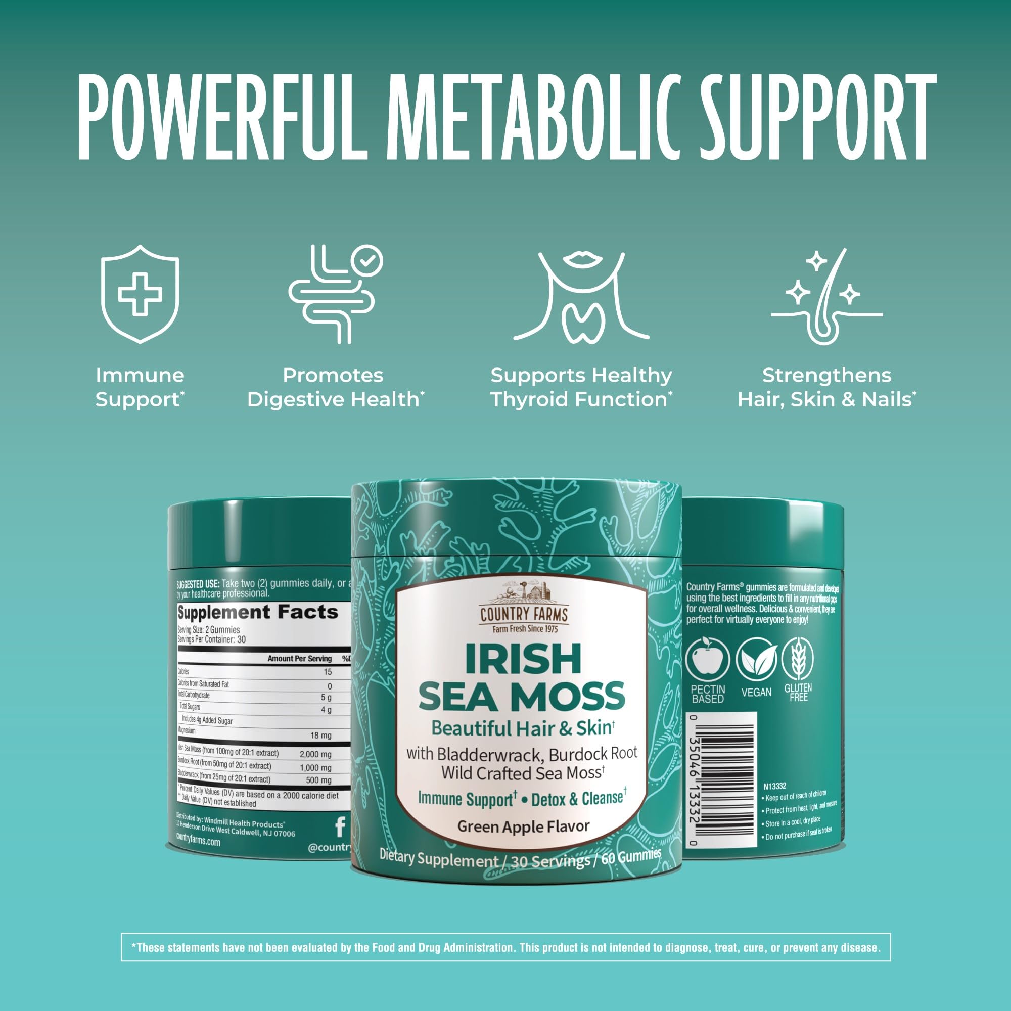 Country Farms Irish Sea Moss Gummies label emphasizes vegan, gluten-free formula