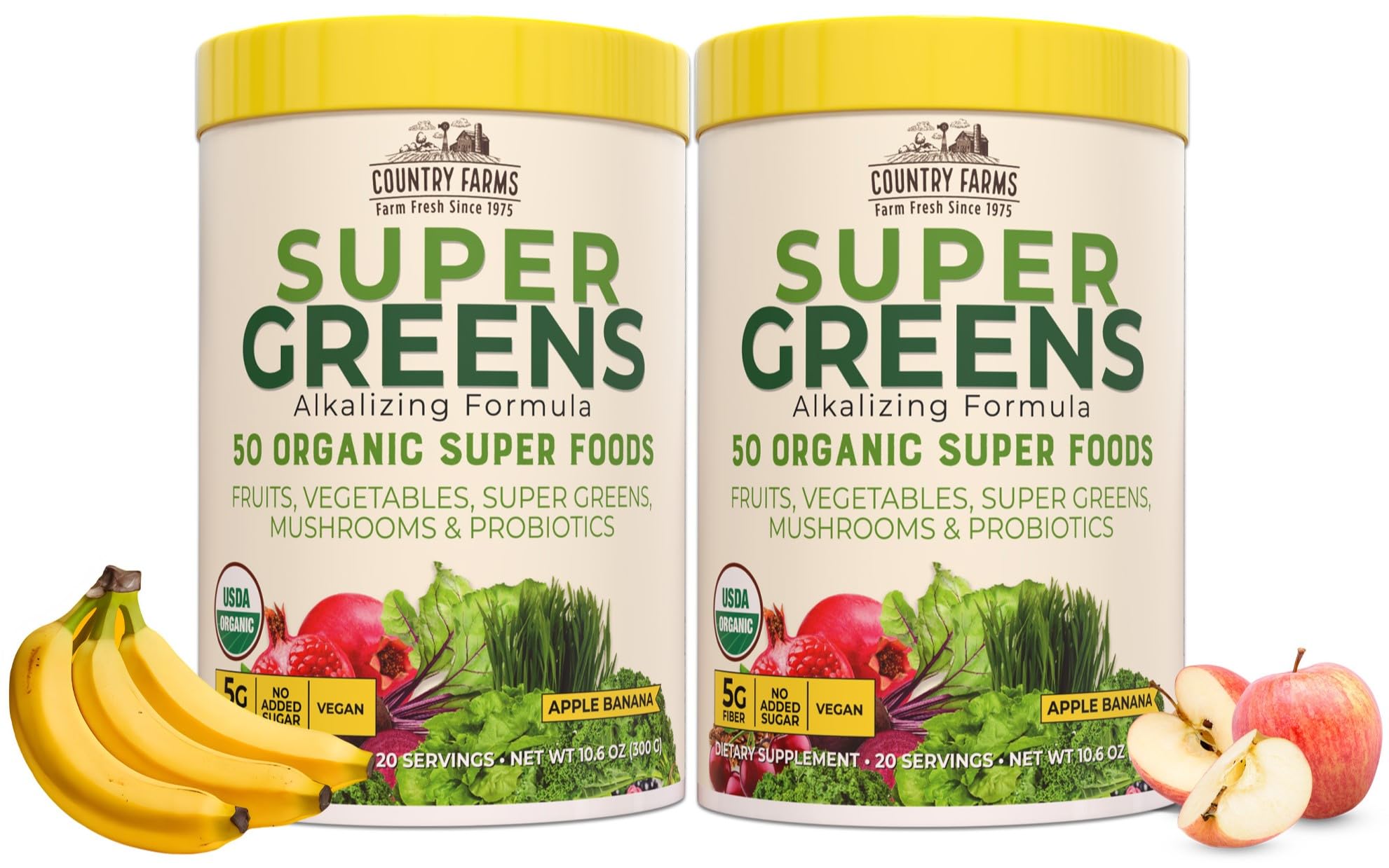 Country Farms Super Greens apple-banana powder bottle for a convenient daily wellness boost