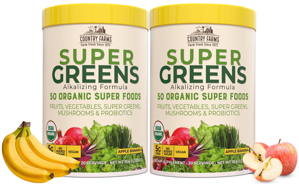 Country Farms Super Greens apple-banana powder bottle for a convenient daily wellness boost