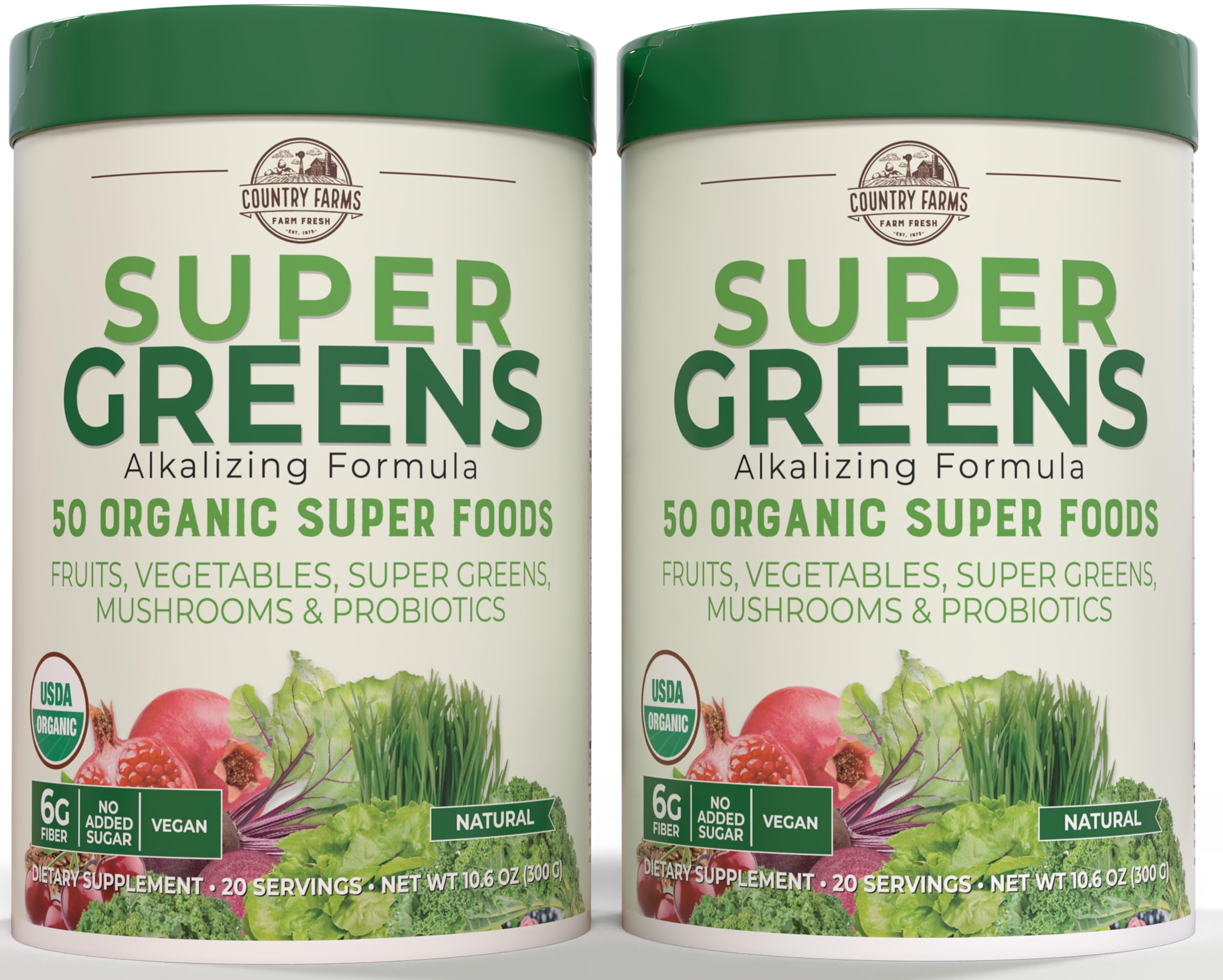 Country Farms Super Greens bottle front showcases organic blend for daily energy support.
