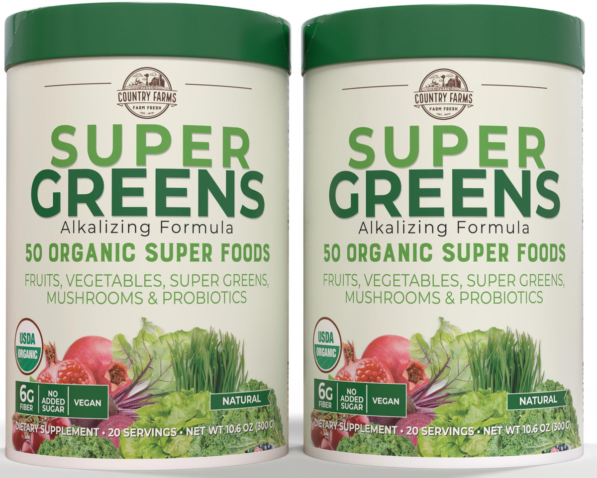 Country Farms Super Greens bottle front showcases organic blend for daily energy support.