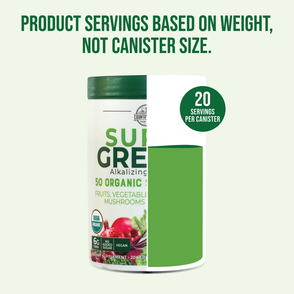 Country Farms Super Greens fresh ingredients highlight garden-to-cup freshness and vitality.