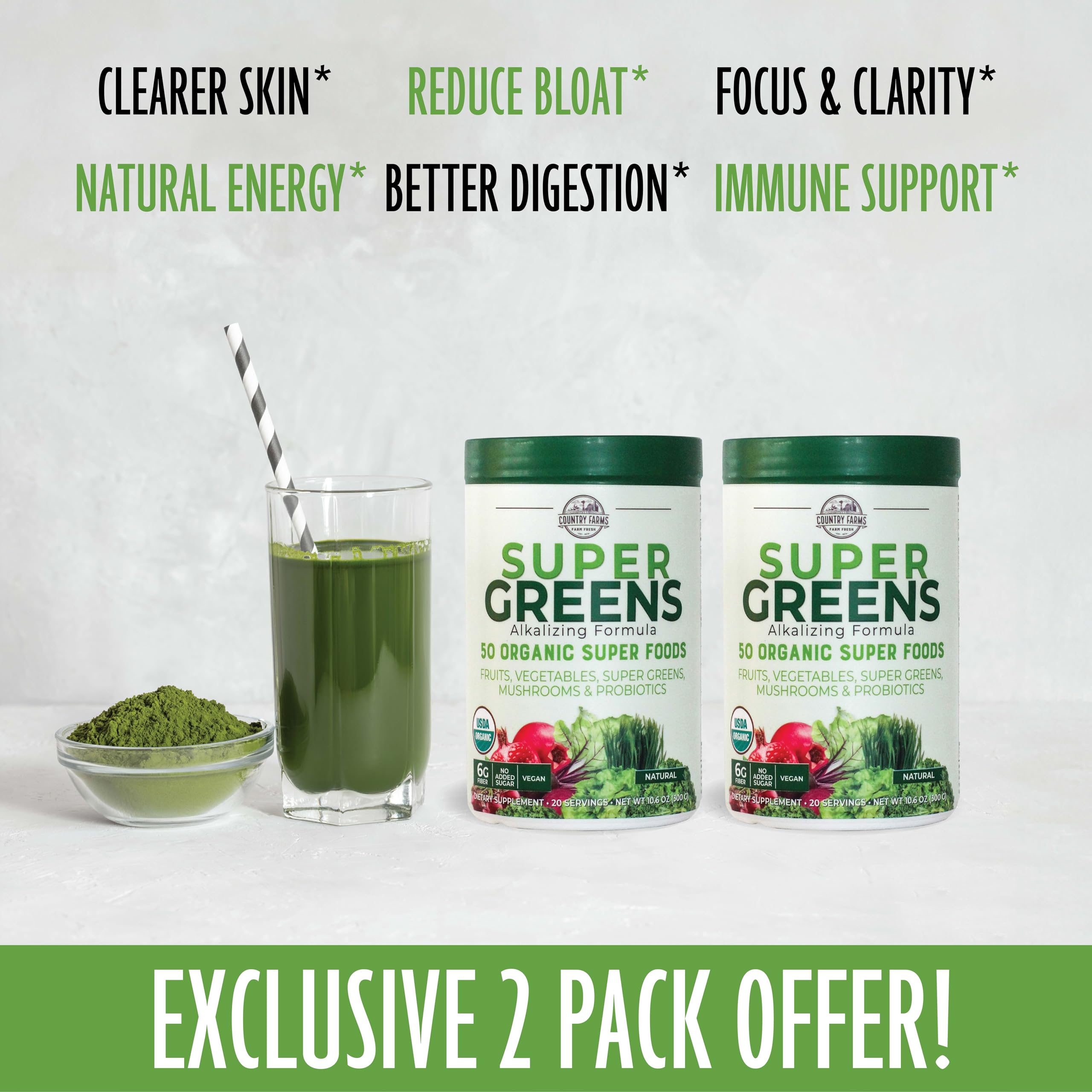 Country Farms Super Greens ingredients panel highlights 50 USDA Organic superfoods for balanced meals.