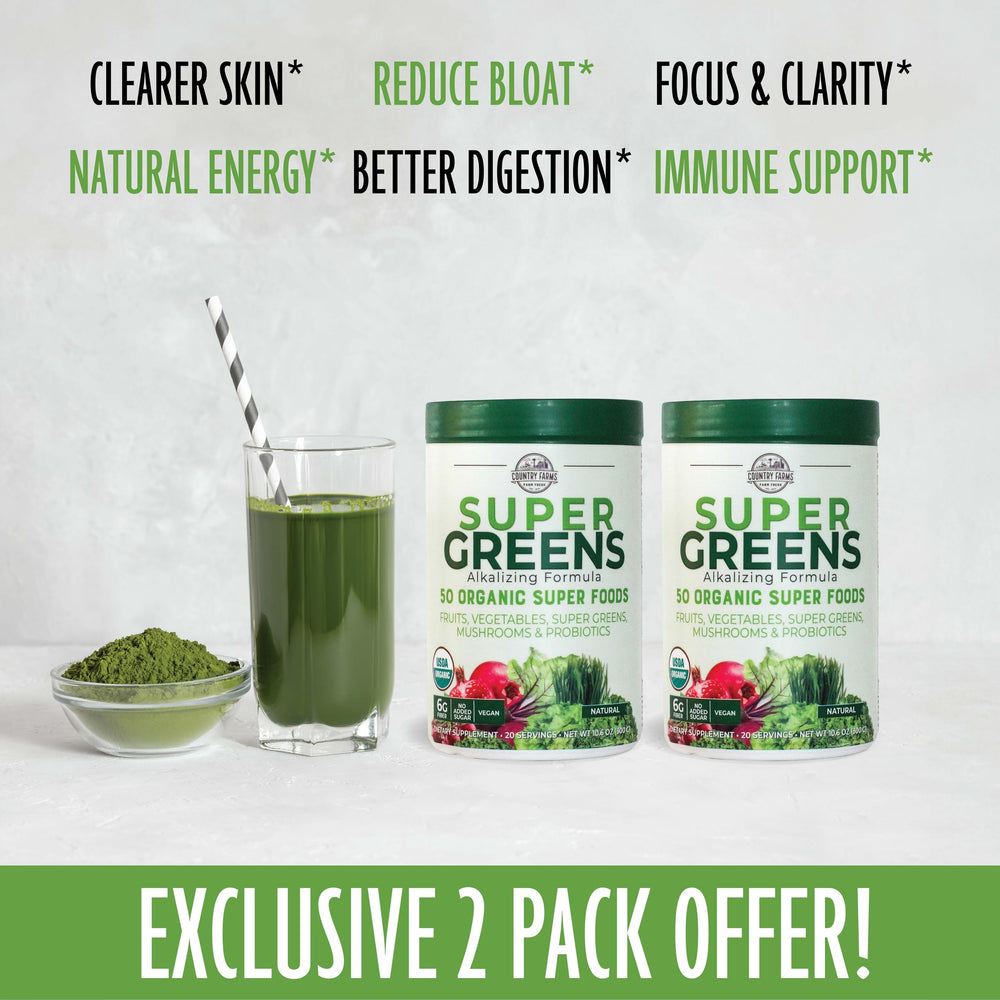 Country Farms Super Greens ingredients panel highlights 50 USDA Organic superfoods for balanced meals.