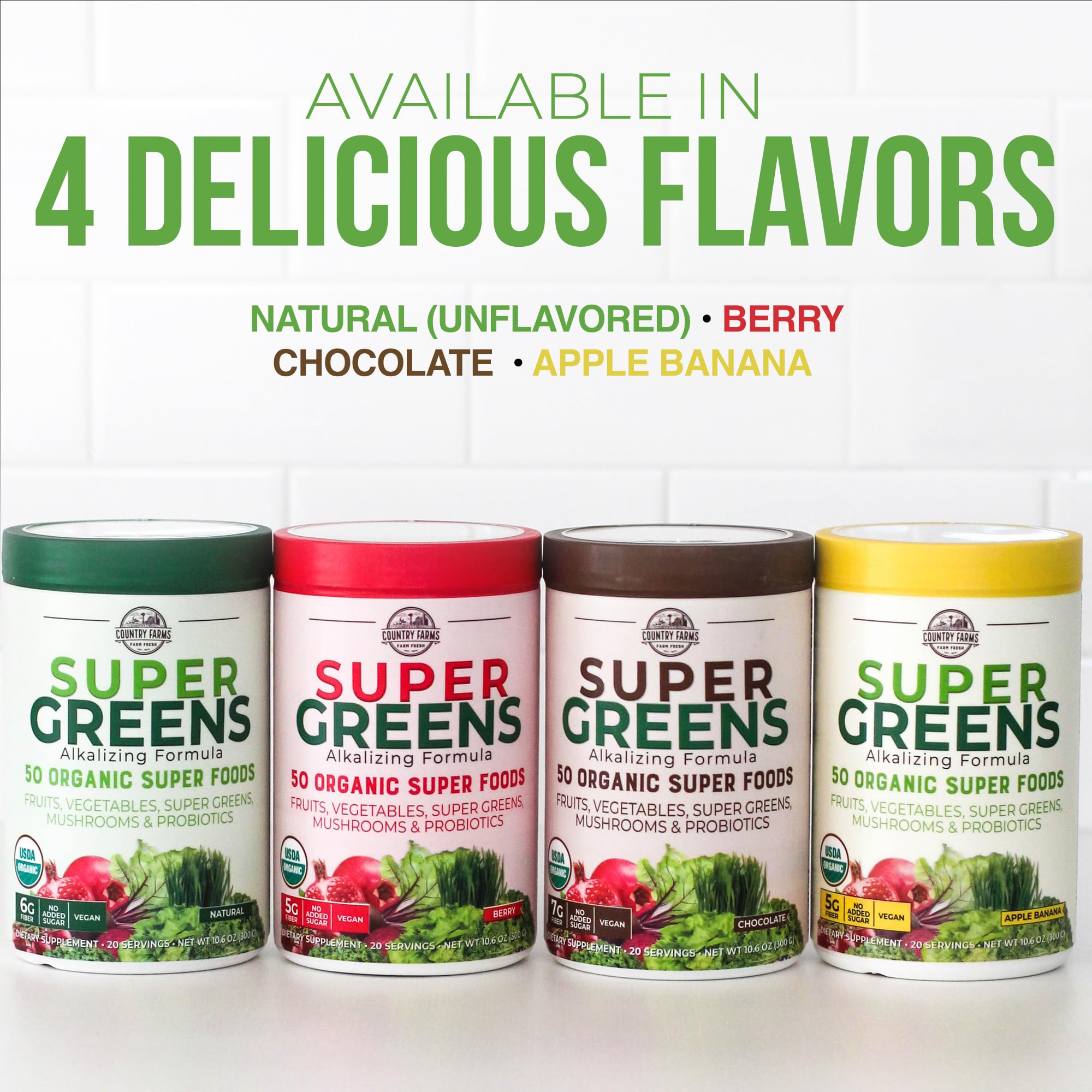 Country Farms Super Greens packaging box emphasizes USDA Organic, non-GMO wellness support.