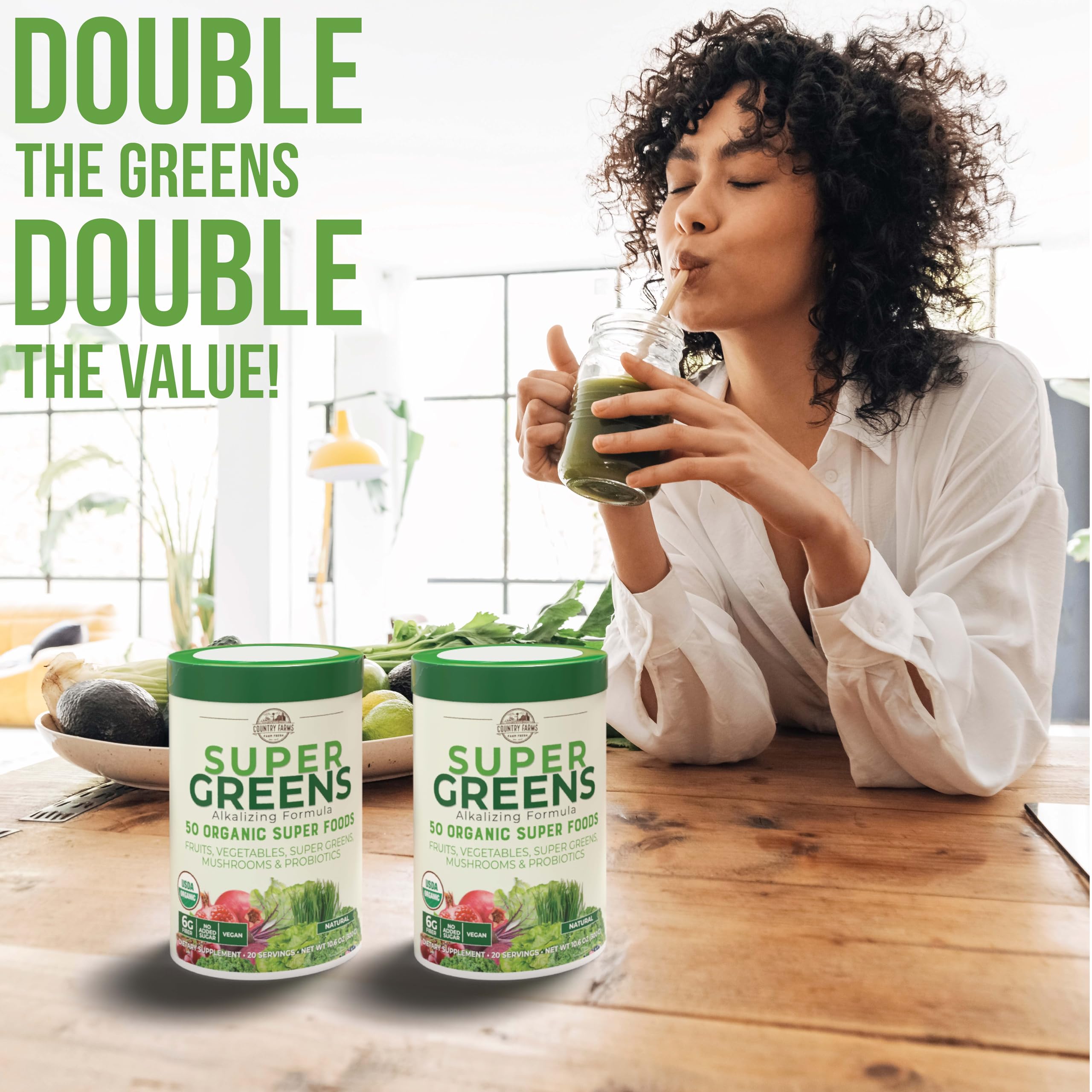 Country Farms Super Greens shake glass shows refreshing drink with clean, naturally energizing flavor.