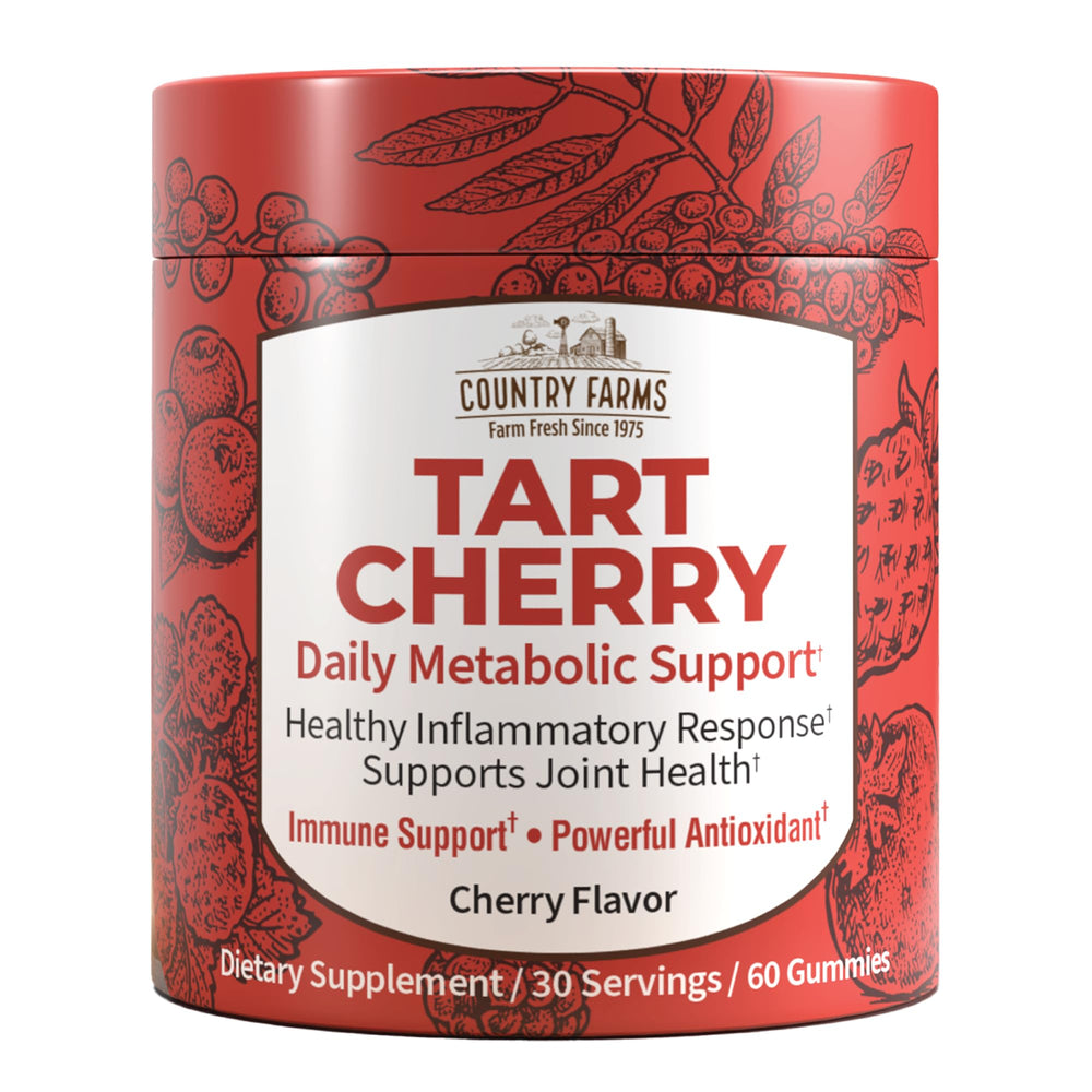 Country Farms Tart Cherry Gummies bottle front displays the delicious, antioxidant-rich daily supplement.