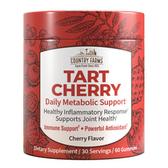 Country Farms Tart Cherry Gummies bottle front displays the delicious, antioxidant-rich daily supplement.