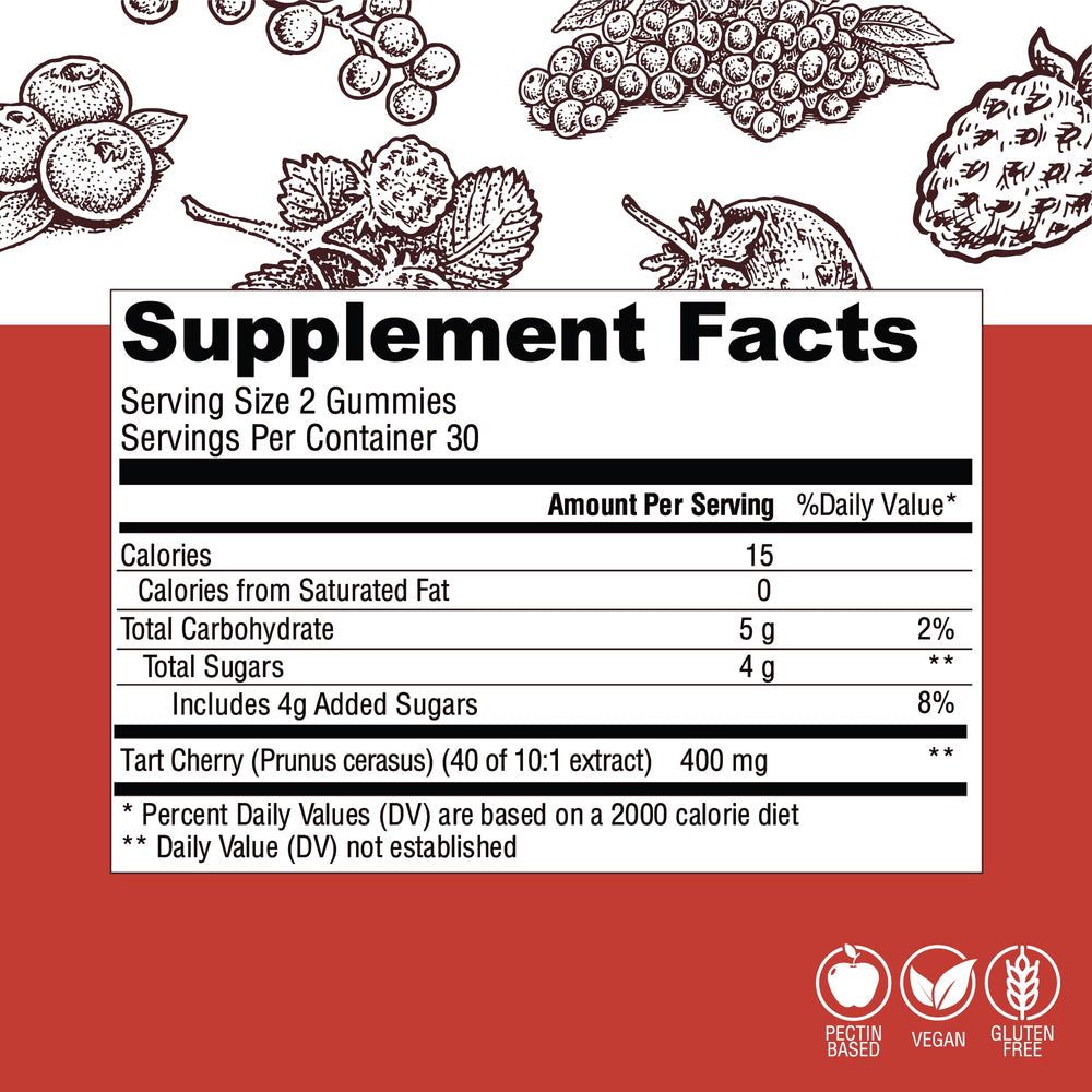 Country Farms Tart Cherry Gummies packaging features a 60-count bottle for daily metabolic support.