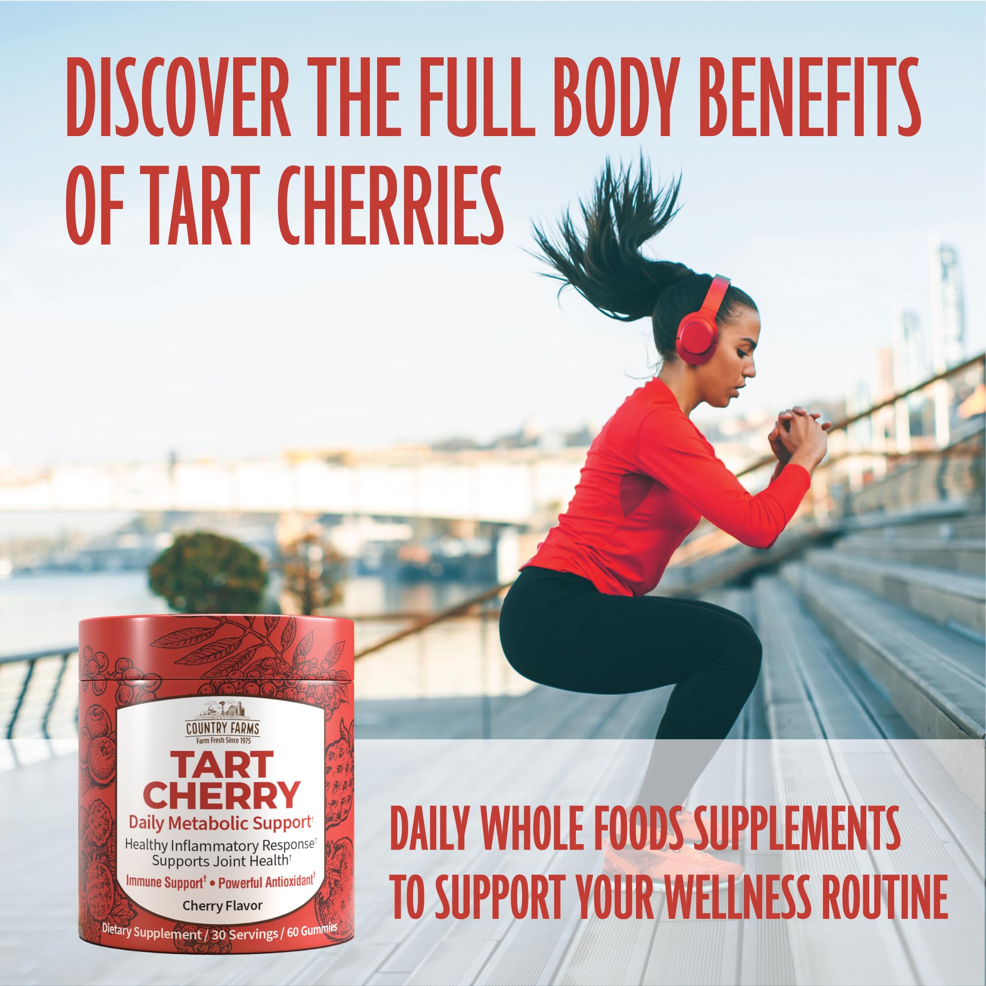 Country Farms Tart Cherry Gummies dispensing hand suggests easy daily dosage.