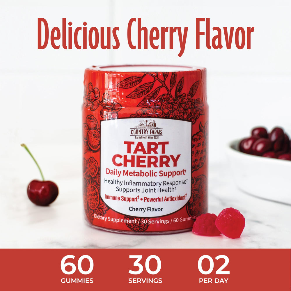 Country Farms Tart Cherry Gummies ingredients panel highlights natural flavors and colors.