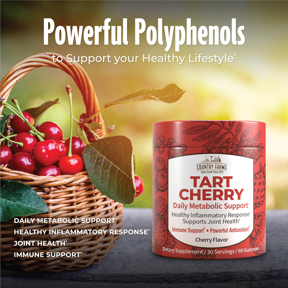 Country Farms Tart Cherry Gummies on kitchen scene with fresh cherries evokes wholesome snacking.