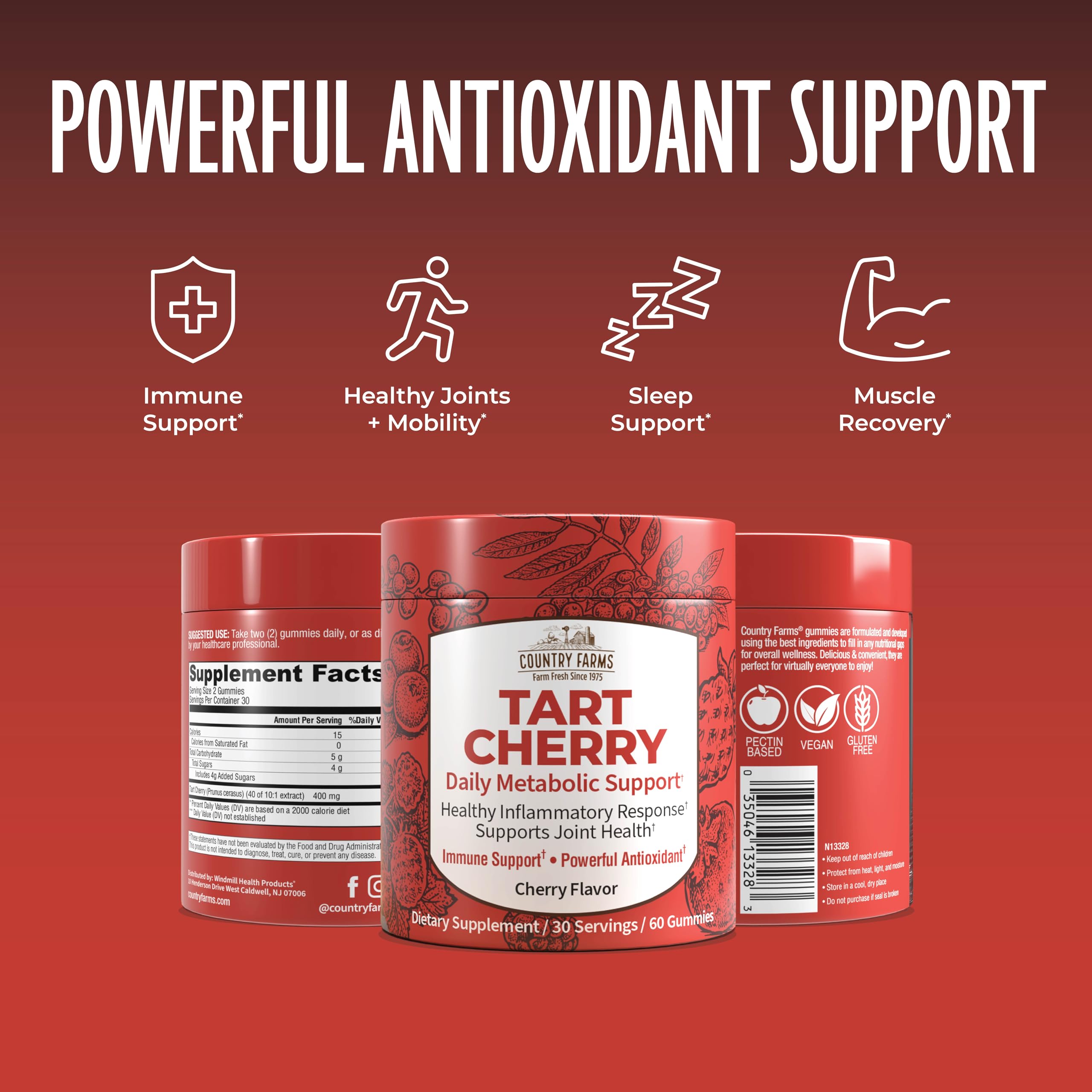 Country Farms Tart Cherry Gummies jar emphasizes natural ingredients and antioxidant profile.