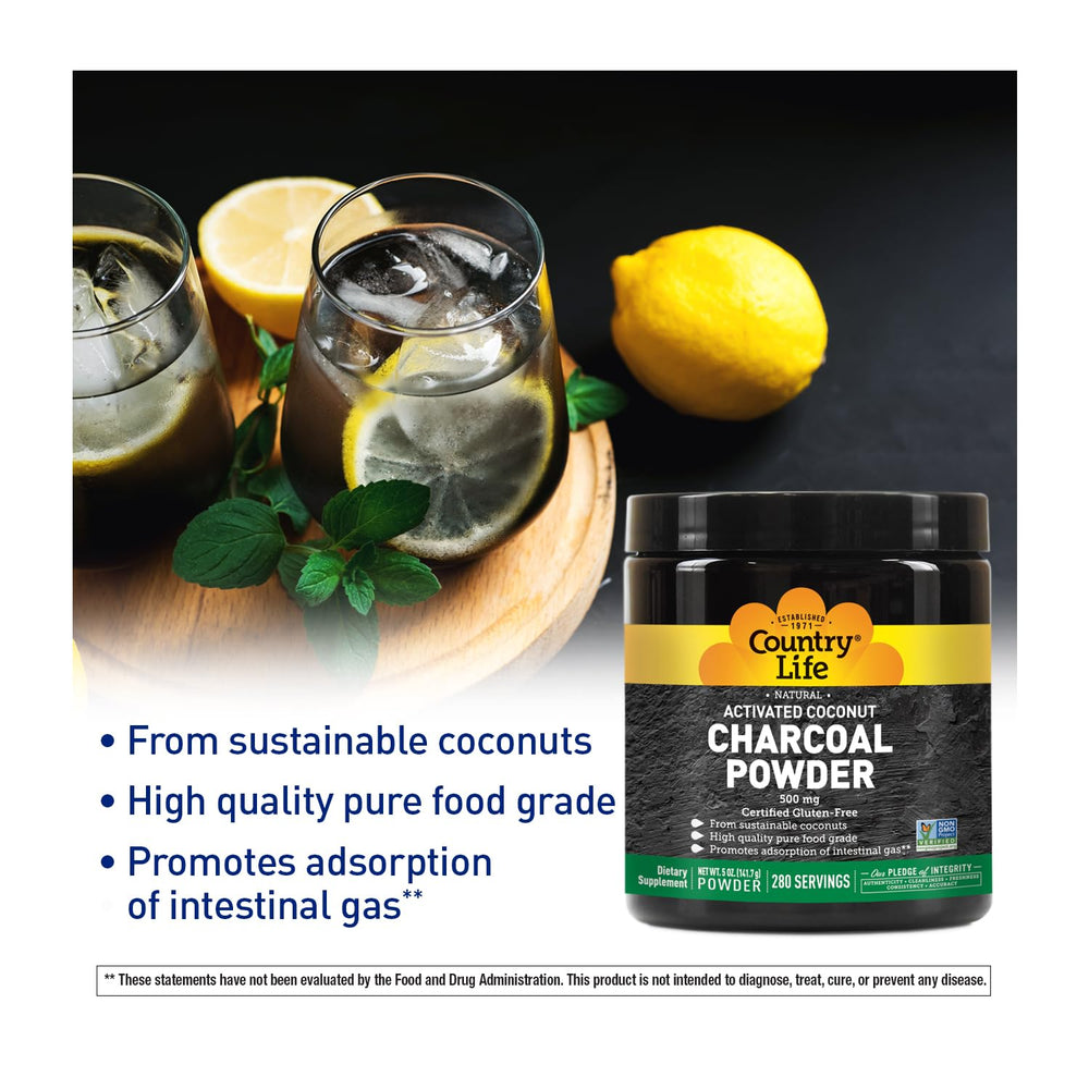 Country Life Activated Coconut Charcoal Powder dispensing scene emphasizes purity and versatile digestive relief.