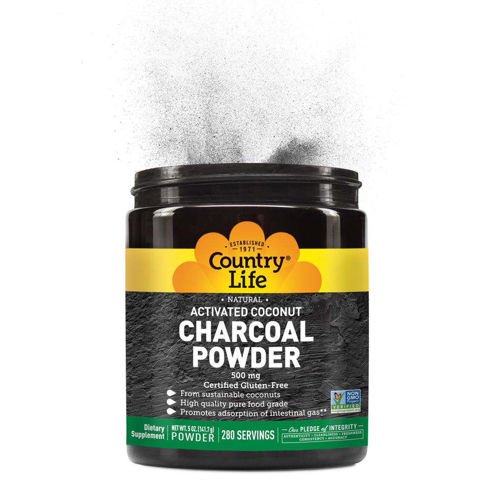 Country Life Activated Coconut Charcoal Powder shown in a DIY face mask for gentle skin detox.