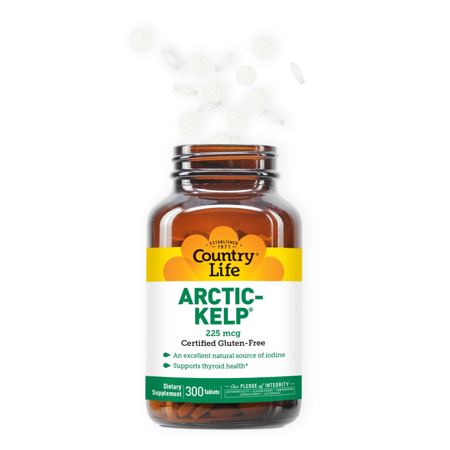 Country Life Arctic-Kelp tablets close-up showing easy-to-swallow capsules for energy and metabolism