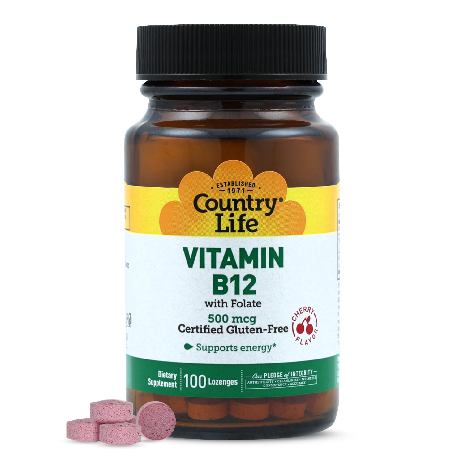 Country Life B12 with Folate bottle cap close-up highlighting energy support
