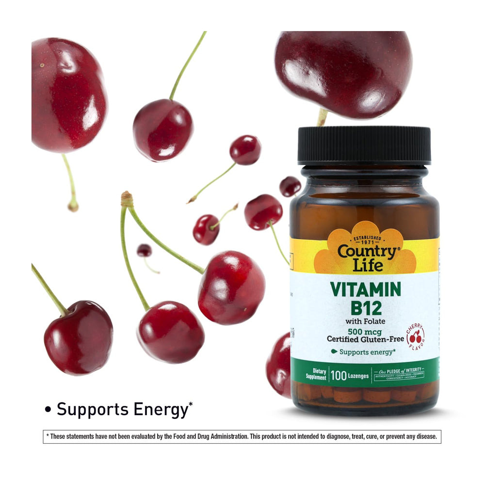 Country Life B12 with Folate bottle label display showing gluten-free and vegan certifications