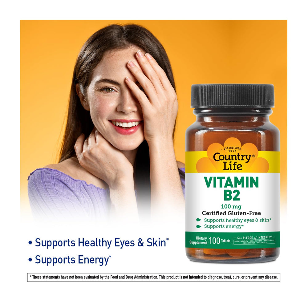 Country Life Vitamin B2 label closeup highlighting purity and quality