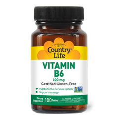 Country Life Vitamin B-6 bottle front with 100 mg capsules for energy support.