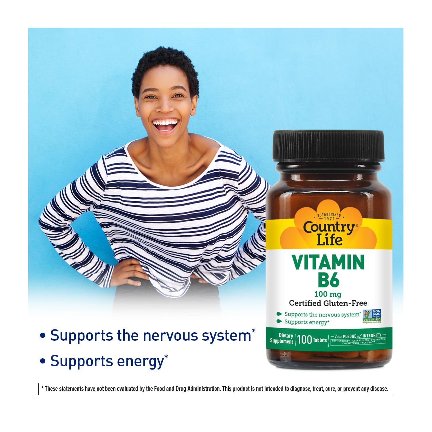 Country Life B-6 capsules in bottle showing daily energy and nervous system support.